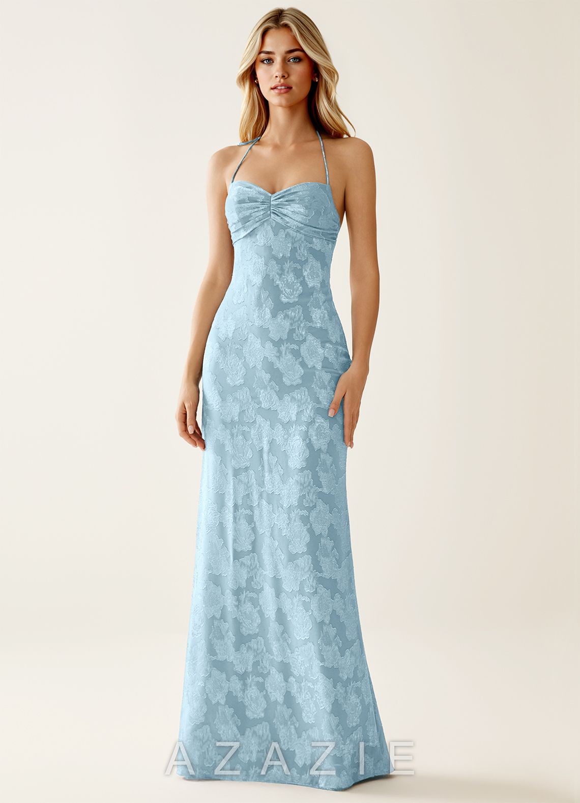 Angena Powder Blue Jacquard Open Back Summer Dress