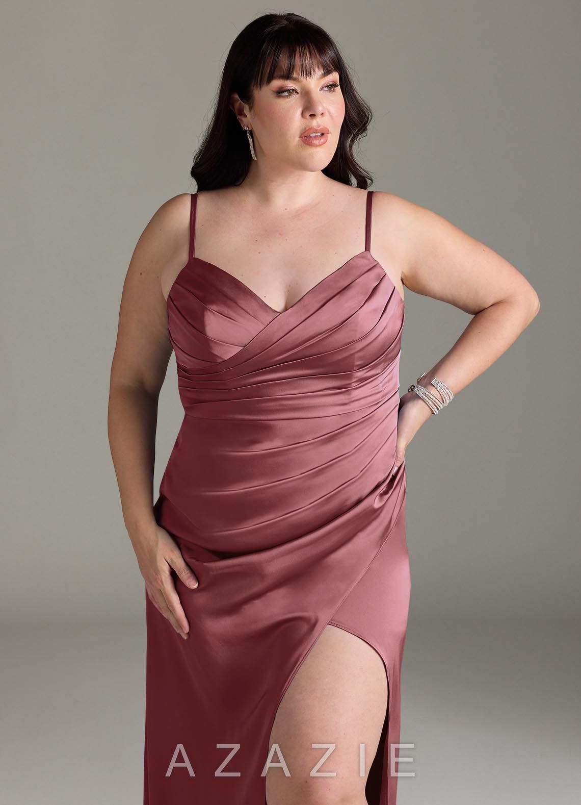 Azazie Yola Amethyst Sheath V-Neck Pleated Stretch Satin Convertible Dress amethyst
