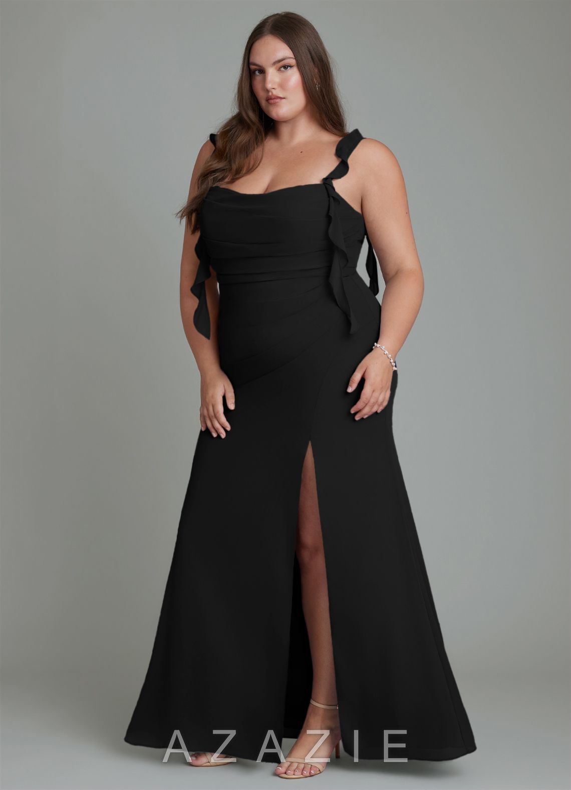 Azazie Jessamine Black Mermaid Corset Chiffon Dress black