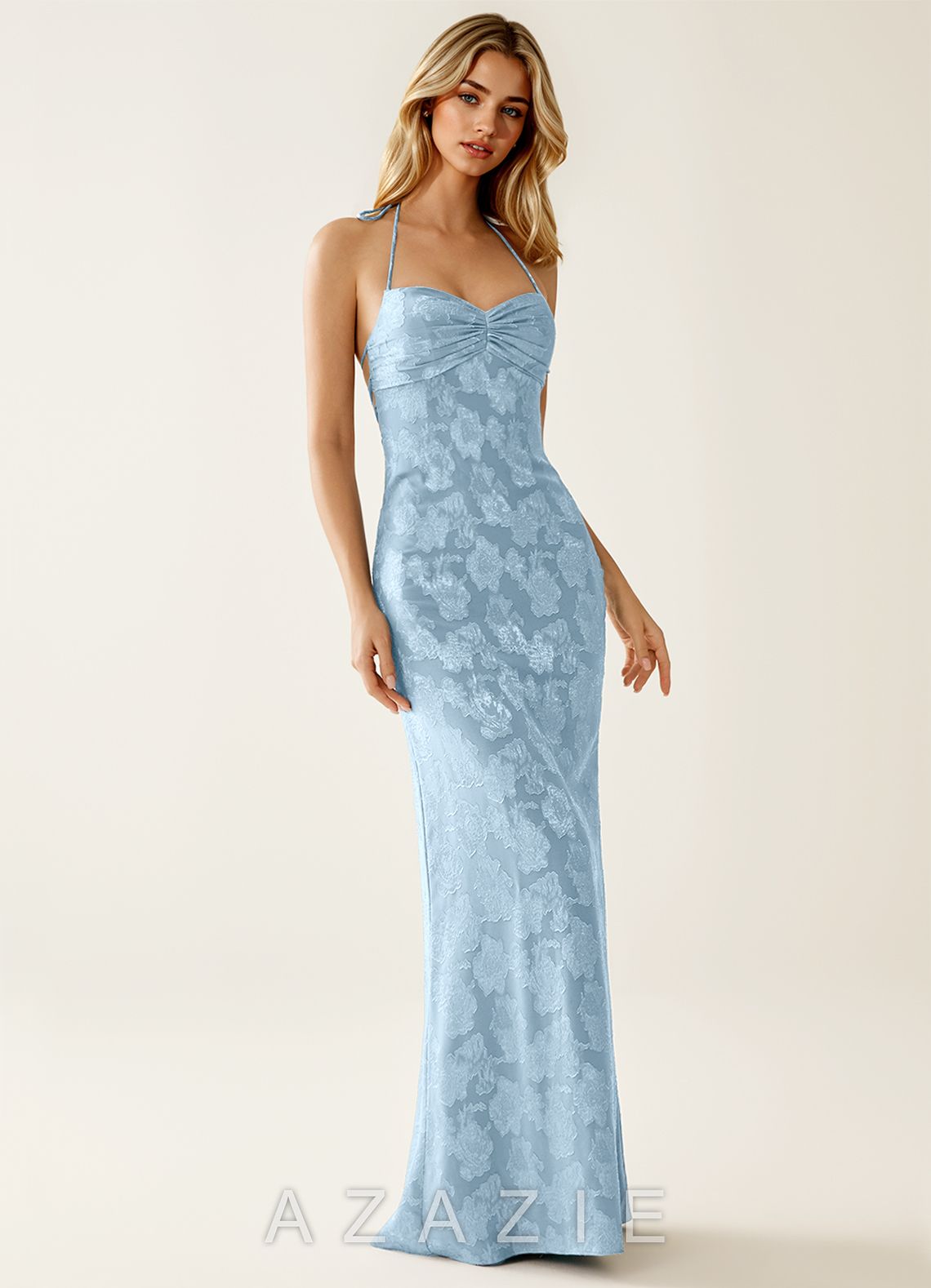 Angena Powder Blue Jacquard Open Back Summer Dress