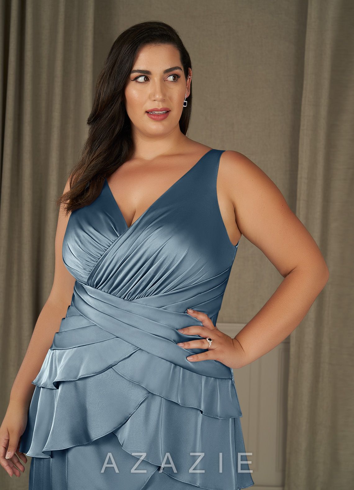 Azazie Viola Dusty Blue A-Line Pleated Stretch Satin Dress dusty_blue