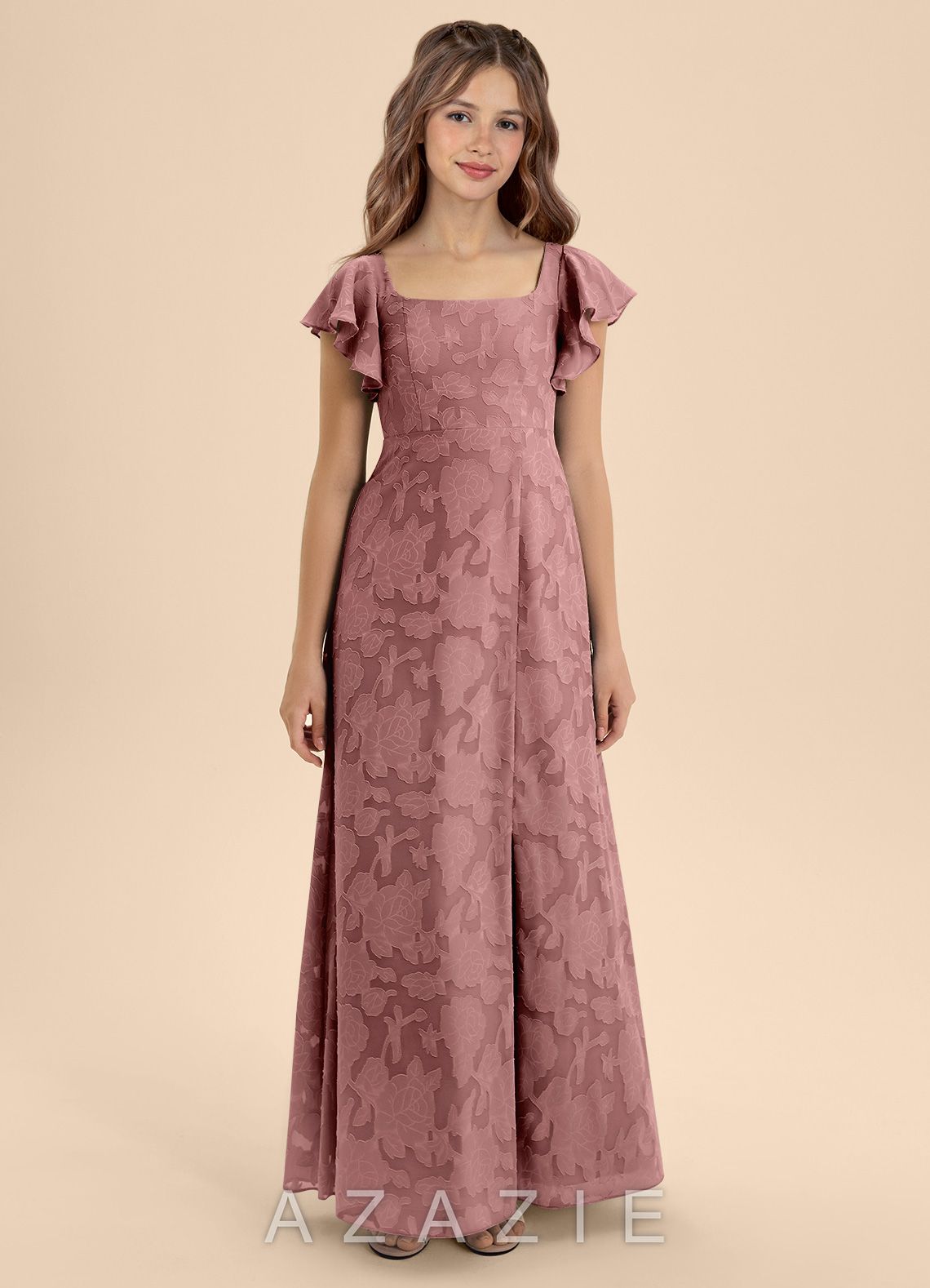 Azazie Bondi Junior Dusty Rose A-Line Bow Floral Burnout Dress dusty_rose