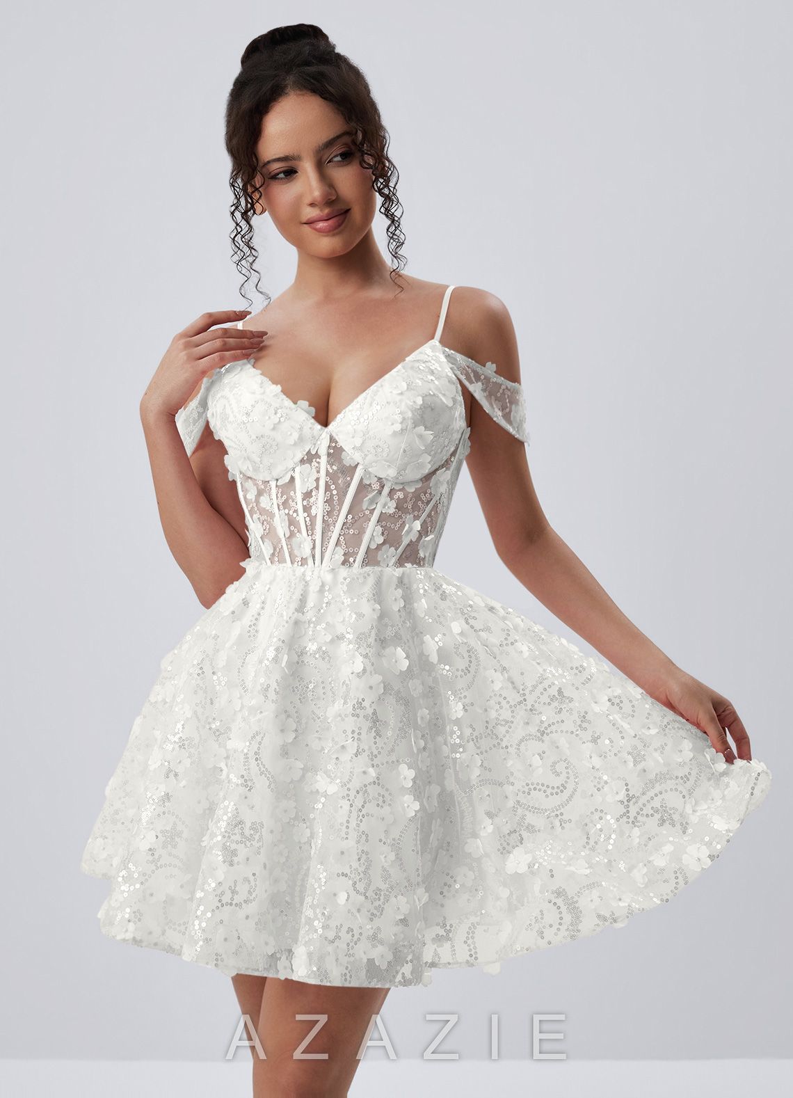 Kaelaniora White Sequin Embroidery 3D Flowers Tulle Corset Mini Dress