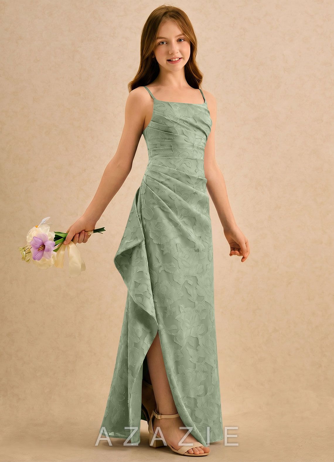 Azazie Cannoli Girls Formal Dusty Sage A-Line Pleated Floral Burnout Dress