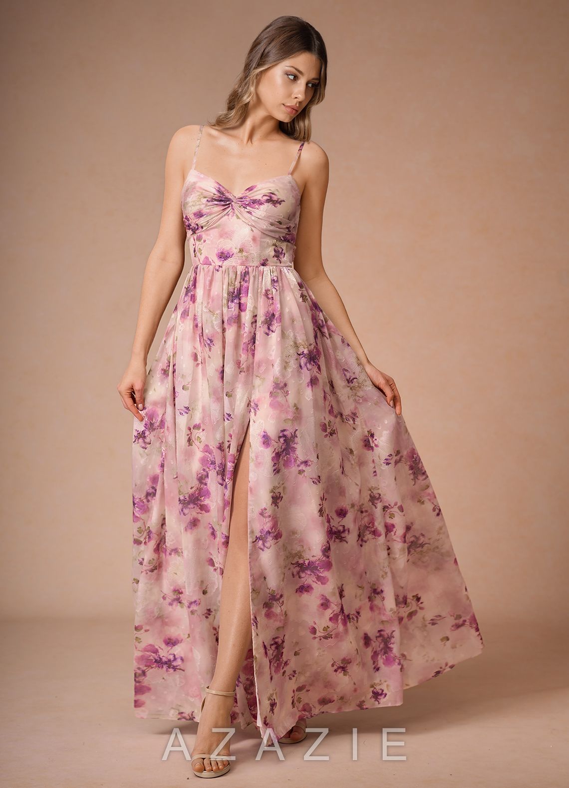 Lumi {color} A-Line V-Neck Pleated Chiffon Dress  sp_mauve_floral_#mf134274