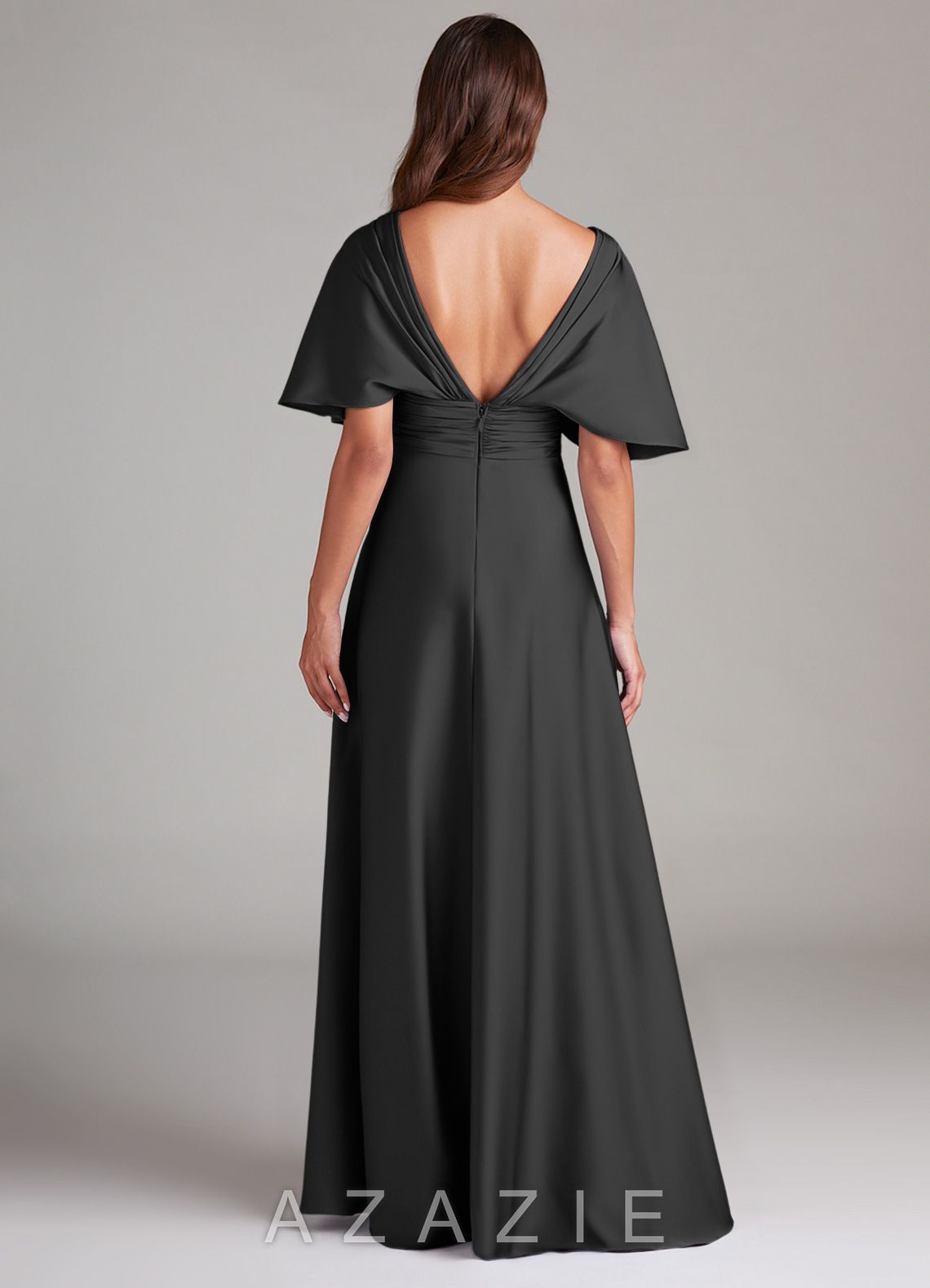 Azazie Pamela Black A-Line Pleated Stretch Satin Dress black