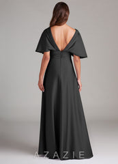 Azazie Pamela Black A-Line Pleated Stretch Satin Dress black
