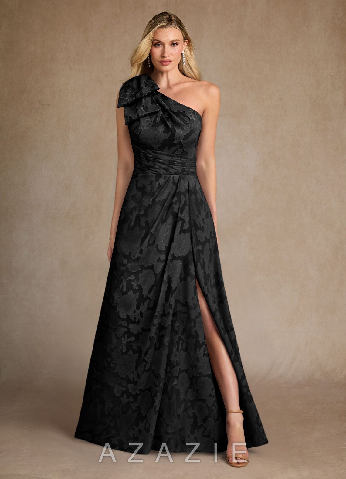 Azazie Easton Black Ball-Gown One Shoulder Floral Burnout Dress