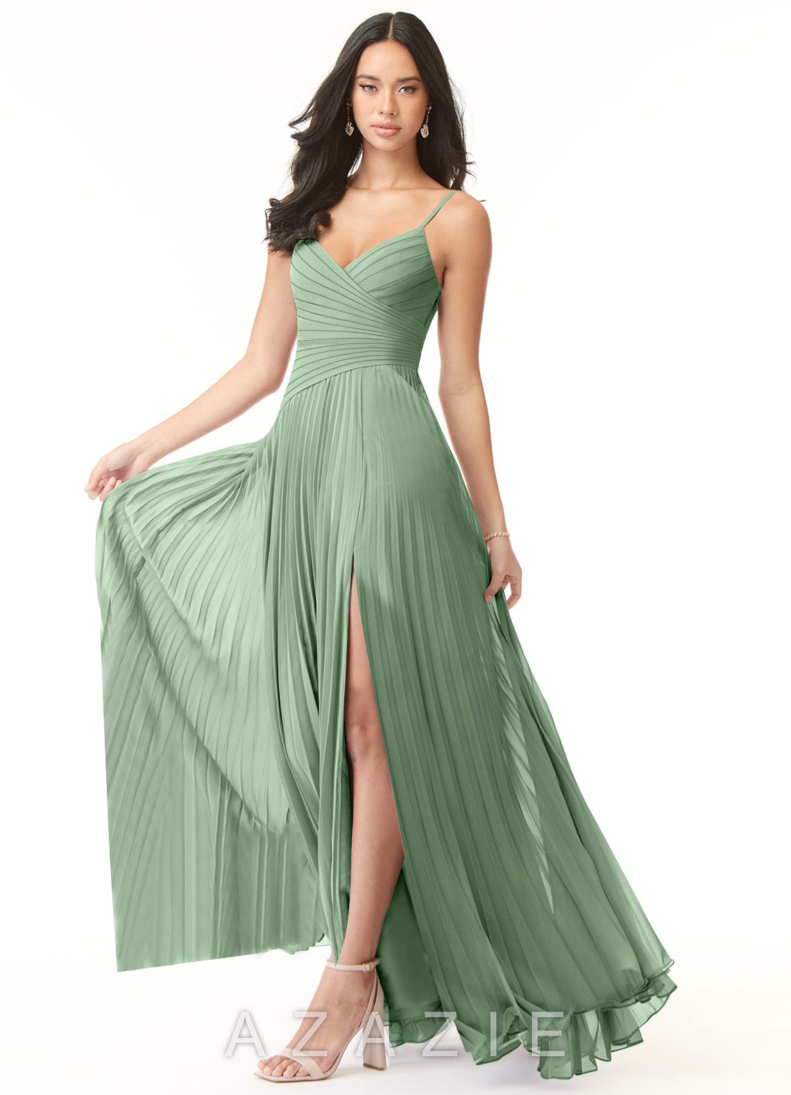 Azazie Vini Matcha A-Line V-Neck Pleated Chiffon Dress matcha