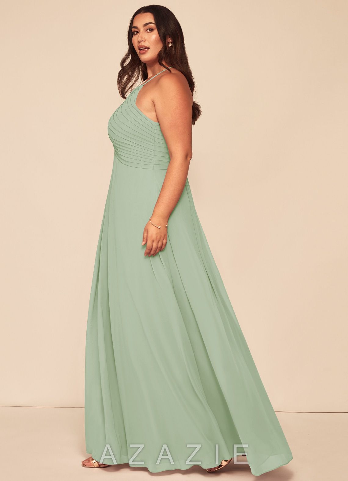 Azazie Ginger Dusty Sage A-Line Halter Pleated Chiffon Dress dusty_sage
