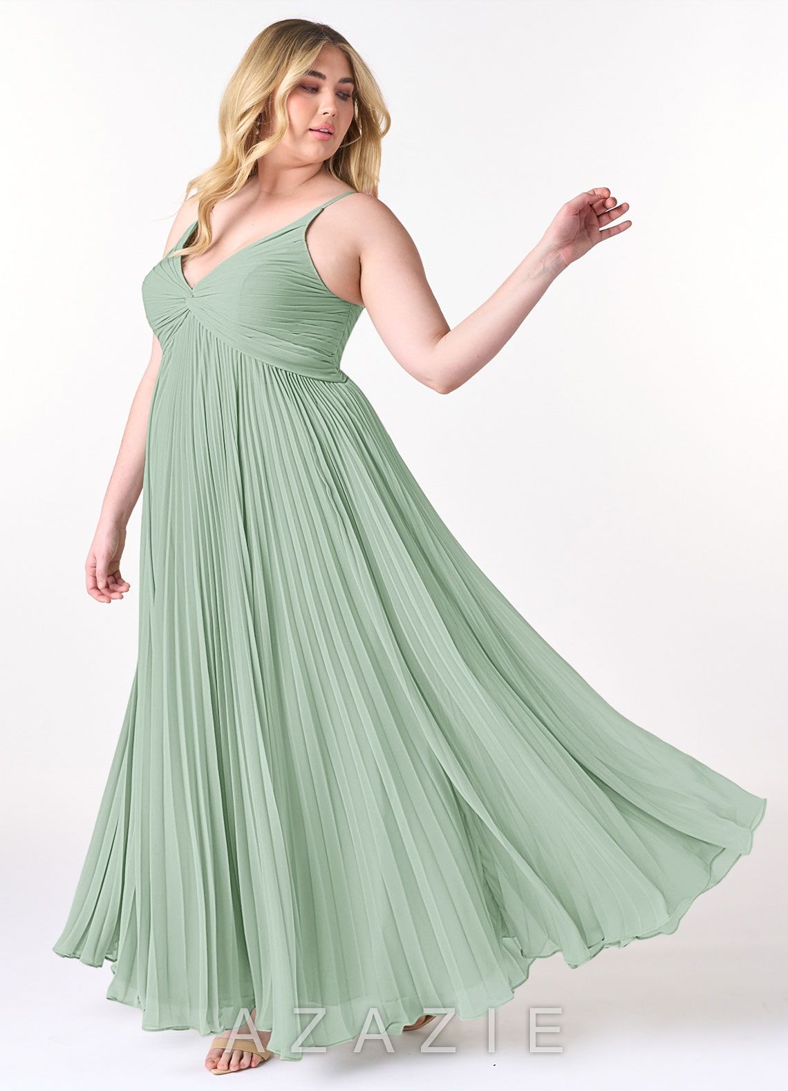 Azazie Raychelle Agave A-Line V-Neck Chiffon Dress agave