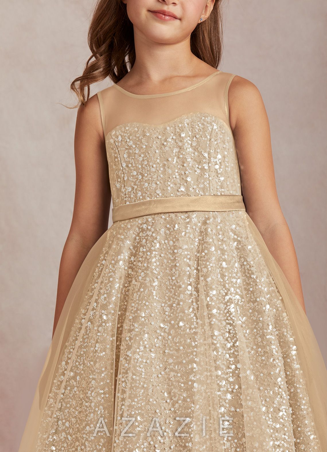 Azazie Siwa Champagne A-Line Beaded Tulle Dress champagne