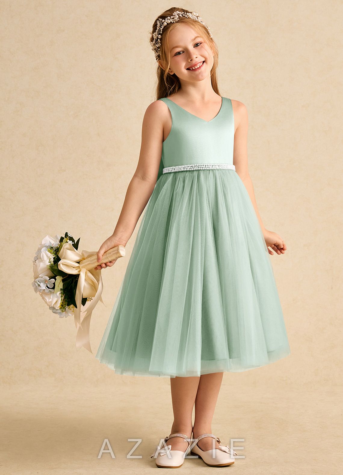 Azazie Firefly Agave A-Line Bow Matte Satin Dress agave