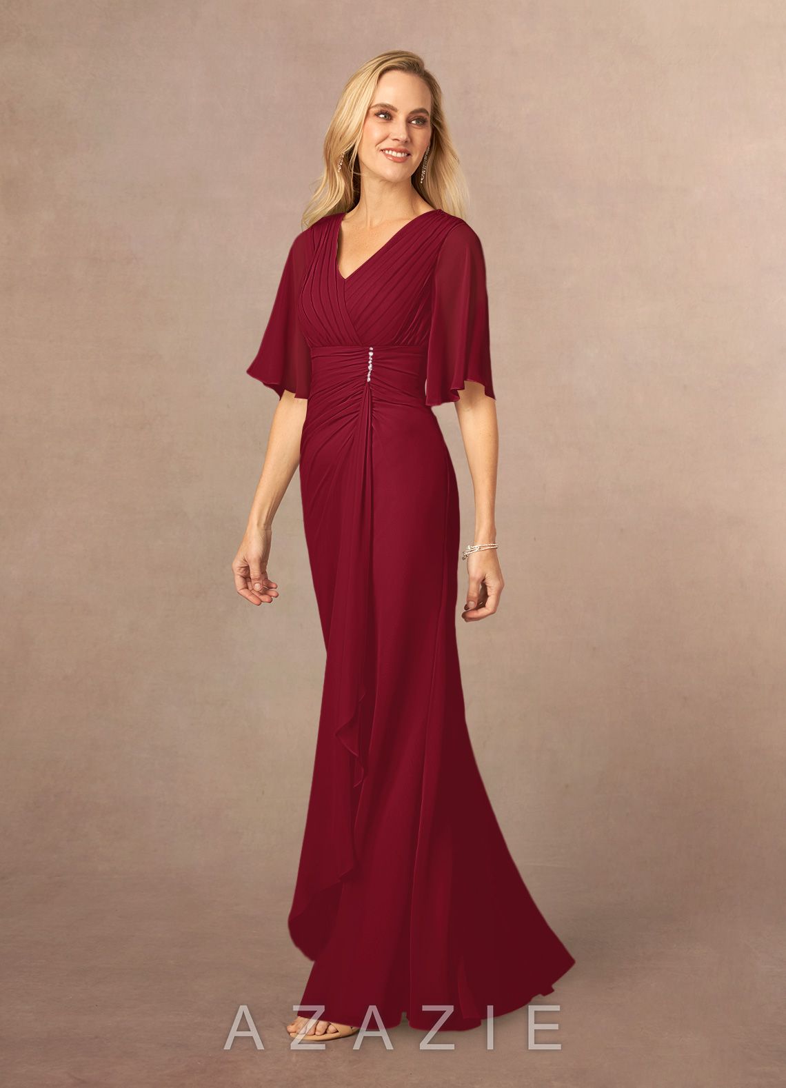 Azazie Carson Burgundy A-Line V-Neck Lace Chiffon Dress burgundy
