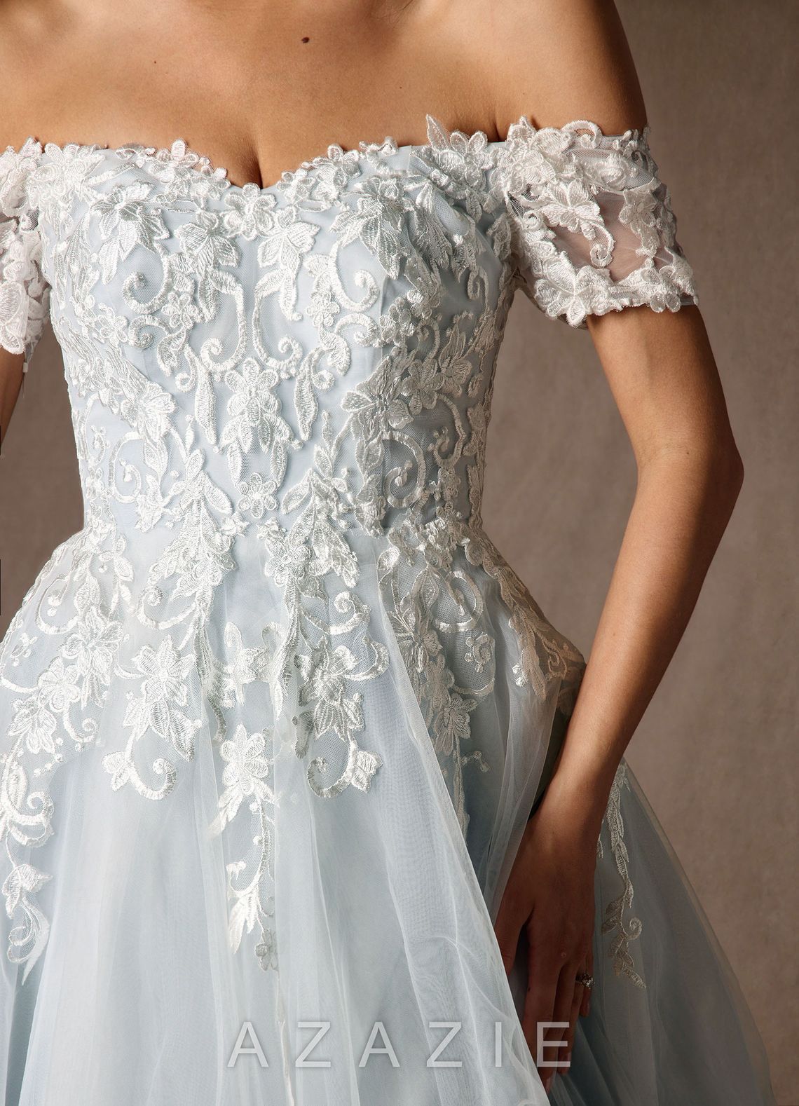 Azazie Rowe Wedding Dress Cloudy Blue Ball-Gown Off the Shoulder Tulle Dress