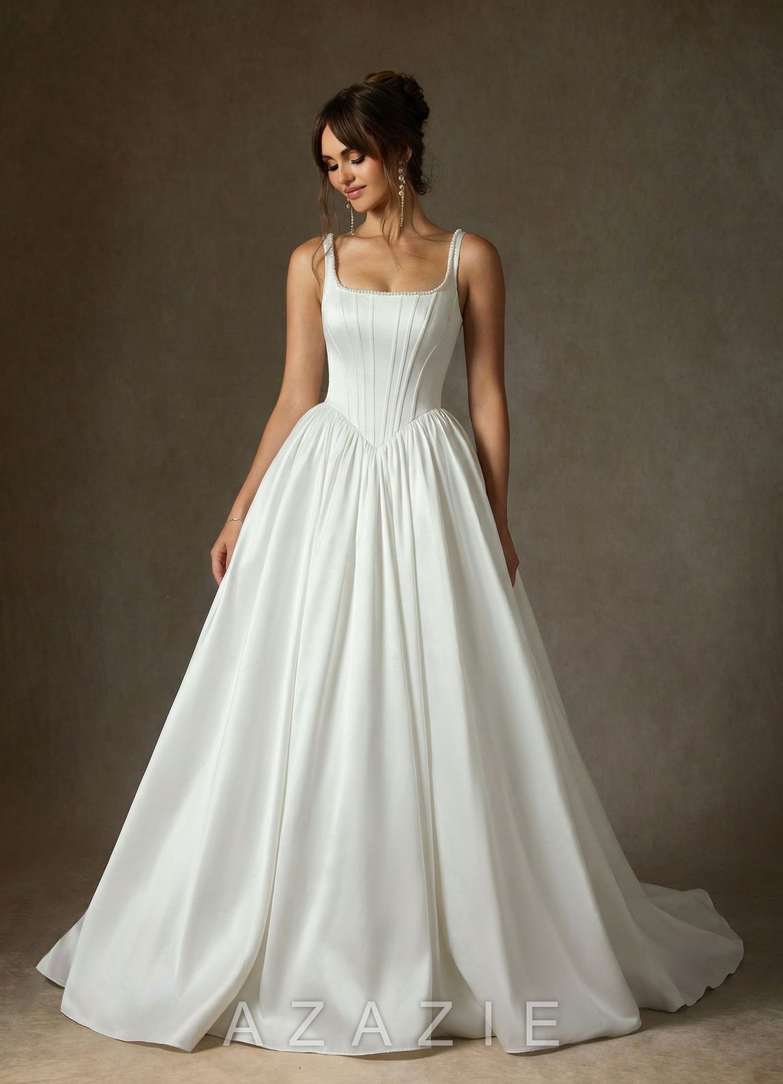 Azazie Cyanne Diamond White Ball-Gown with Pockets Stretch Satin Dress diamond_white
