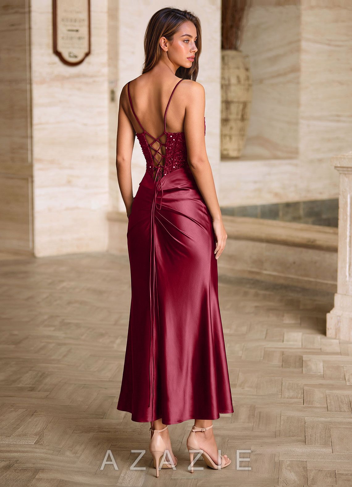 Viviannella Burgundy Sequin Embroidery Stretch Satin Wedding Guest