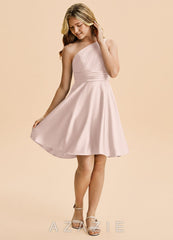 Azazie Charlize Junior Blushing Pink A-Line Pleated Stretch Satin Dress blushing_pink