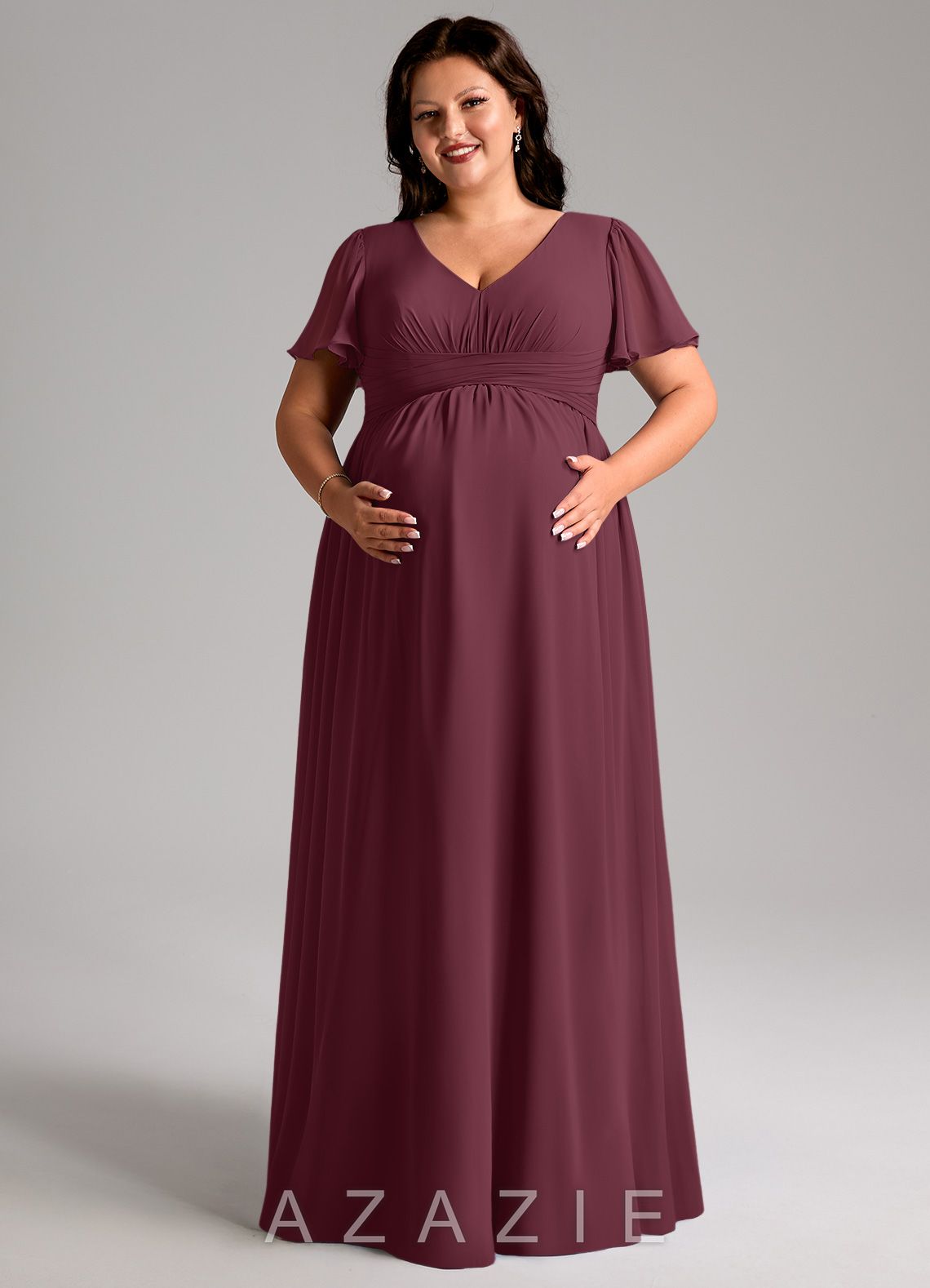 Azazie Verna A-Line V-Neck Ruched Chiffon Floor-Length Dress
