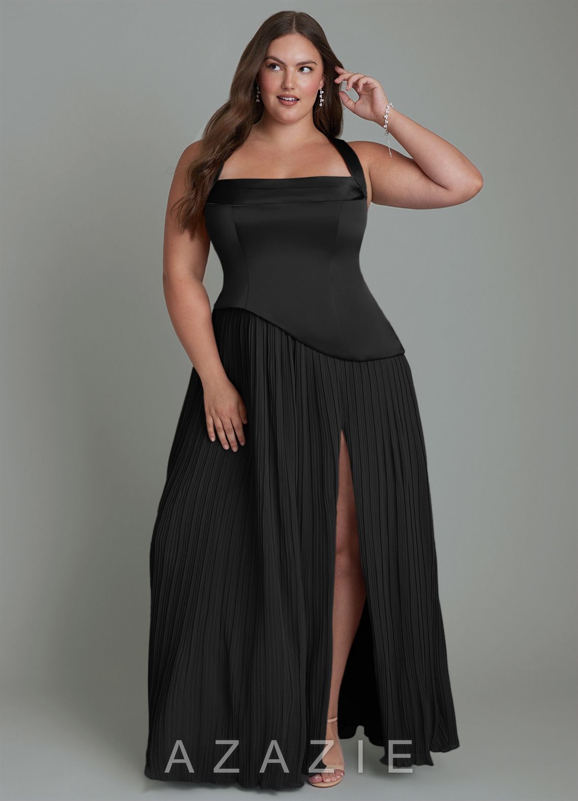 Azazie Stephanie Black A-Line Pleated Stretch Satin Dress black