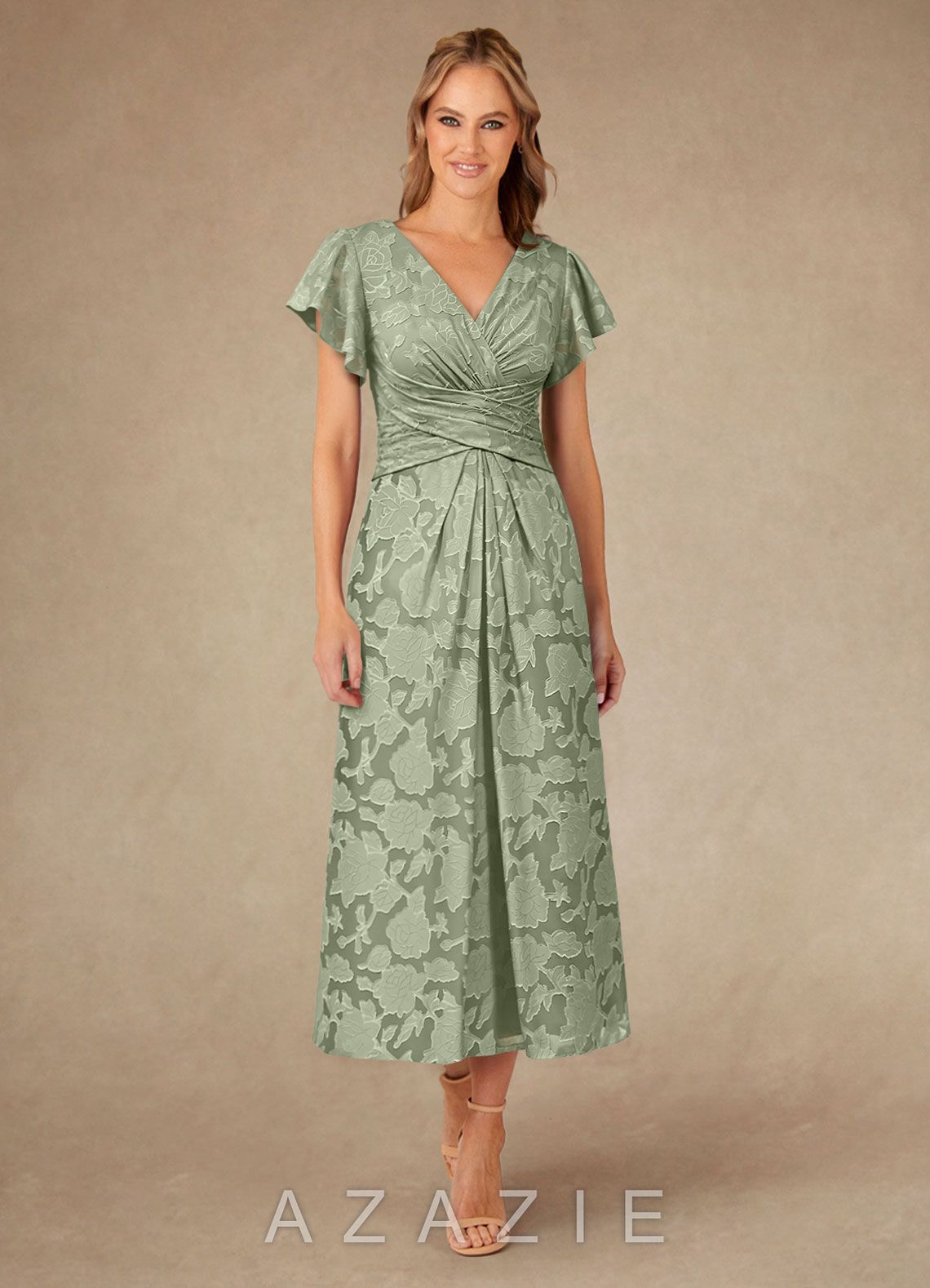 Azazie Vera Agave A-Line Pleated Floral Burnout Dress