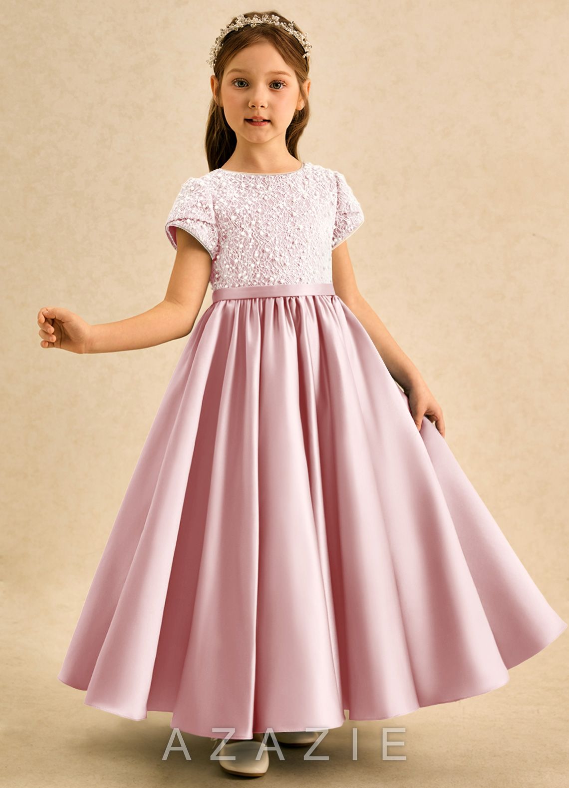Azazie Cashew Powder Pink Ball-Gown with Sleeves Matte Satin Dress powder_pink