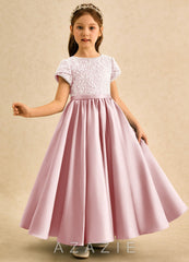 Azazie Cashew Powder Pink Ball-Gown with Sleeves Matte Satin Dress powder_pink