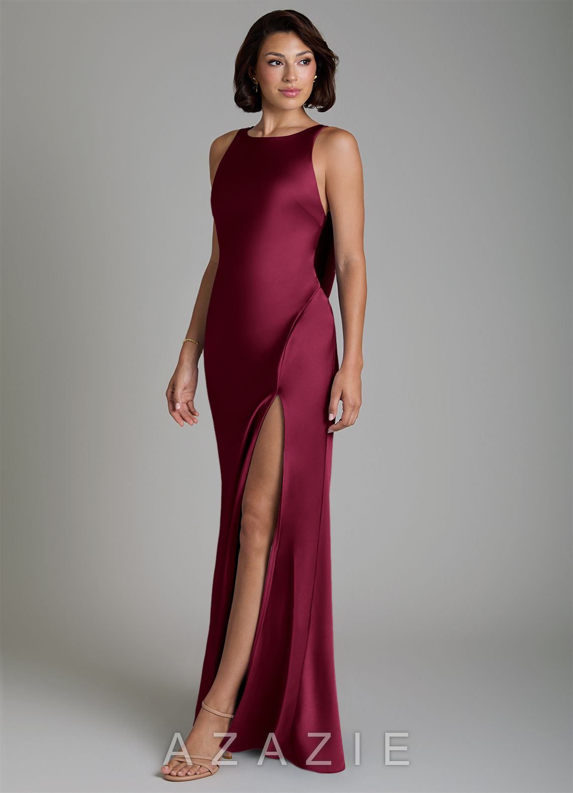 Azazie Dariah Burgundy Mermaid Side Slit Stretch Satin Dress burgundy