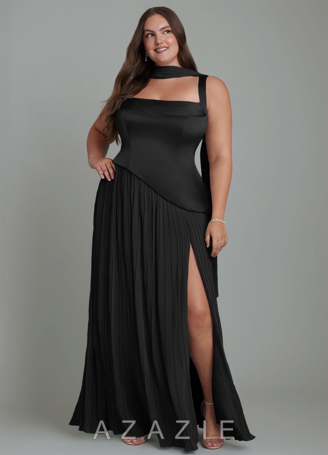 Azazie Stephanie Black A-Line Pleated Stretch Satin Dress black