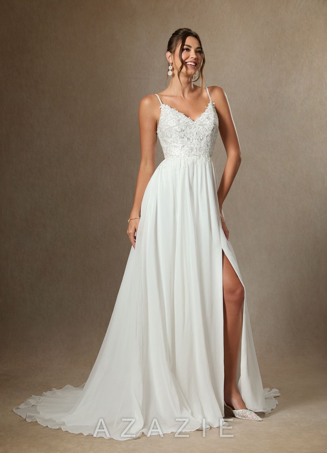 Azazie Gala Wedding Dress Diamond White A-Line Lace Chiffon Dress