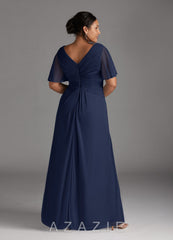 Azazie Emmeline Dark Navy A-Line V-Neck Pleated Mesh Dress dark_navy