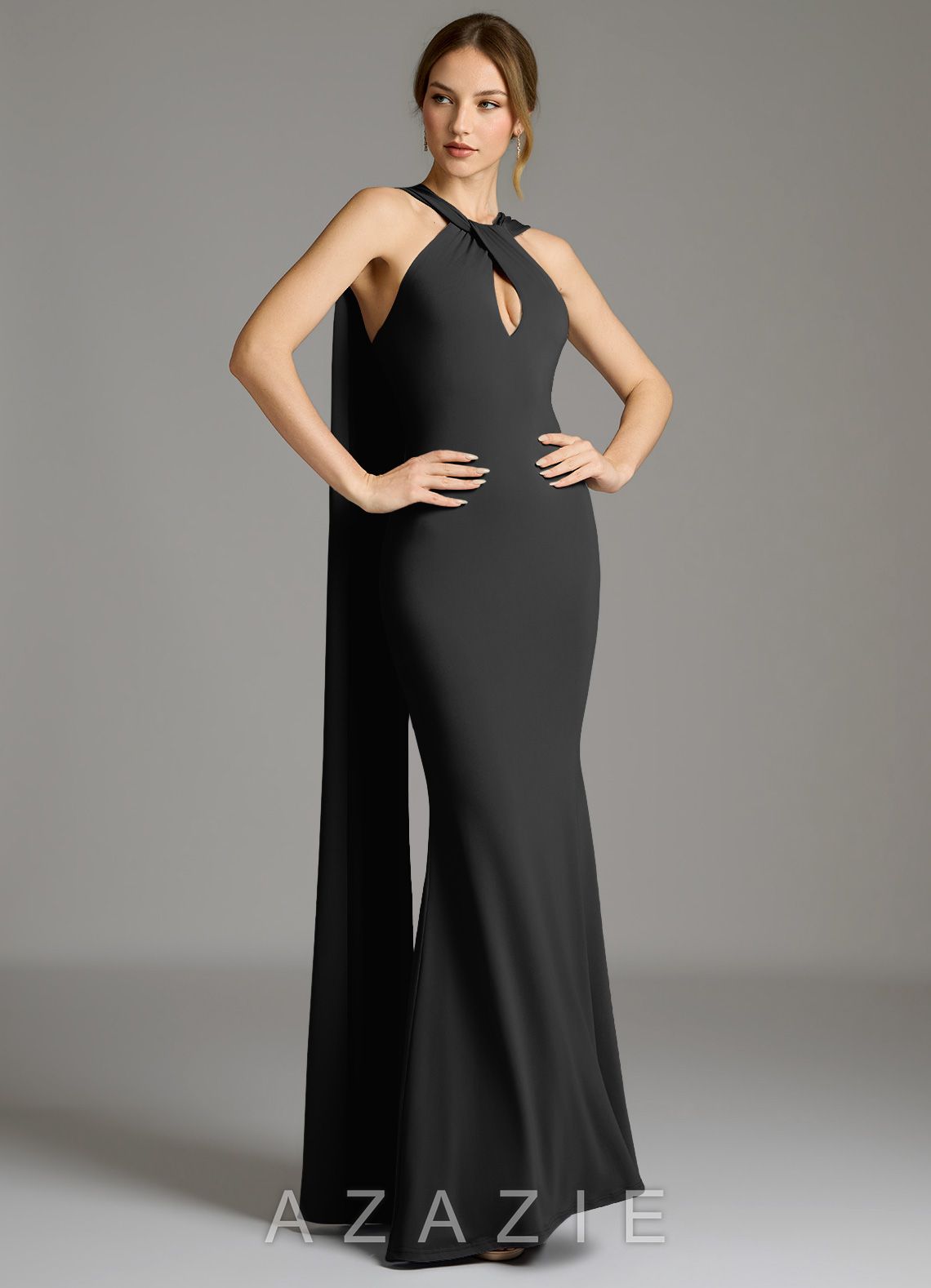Azazie Sable Black Mermaid Pleated Premium Stretch Jersey Dress black