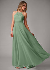 Azazie Amalia Matcha A-Line Pleated Chiffon Dress matcha