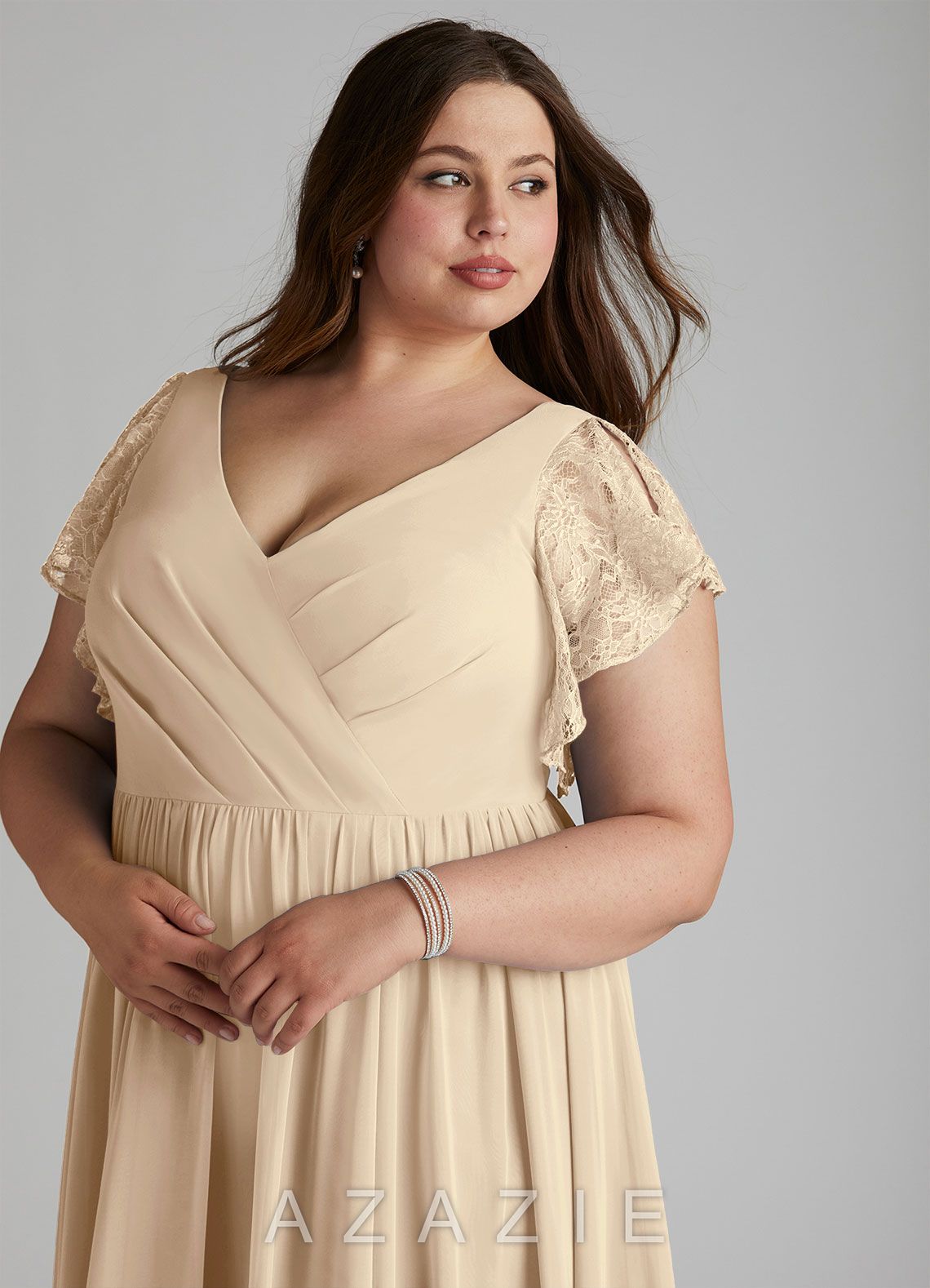 Azazie Zella Champagne A-Line Lace Chiffon Dress champagne