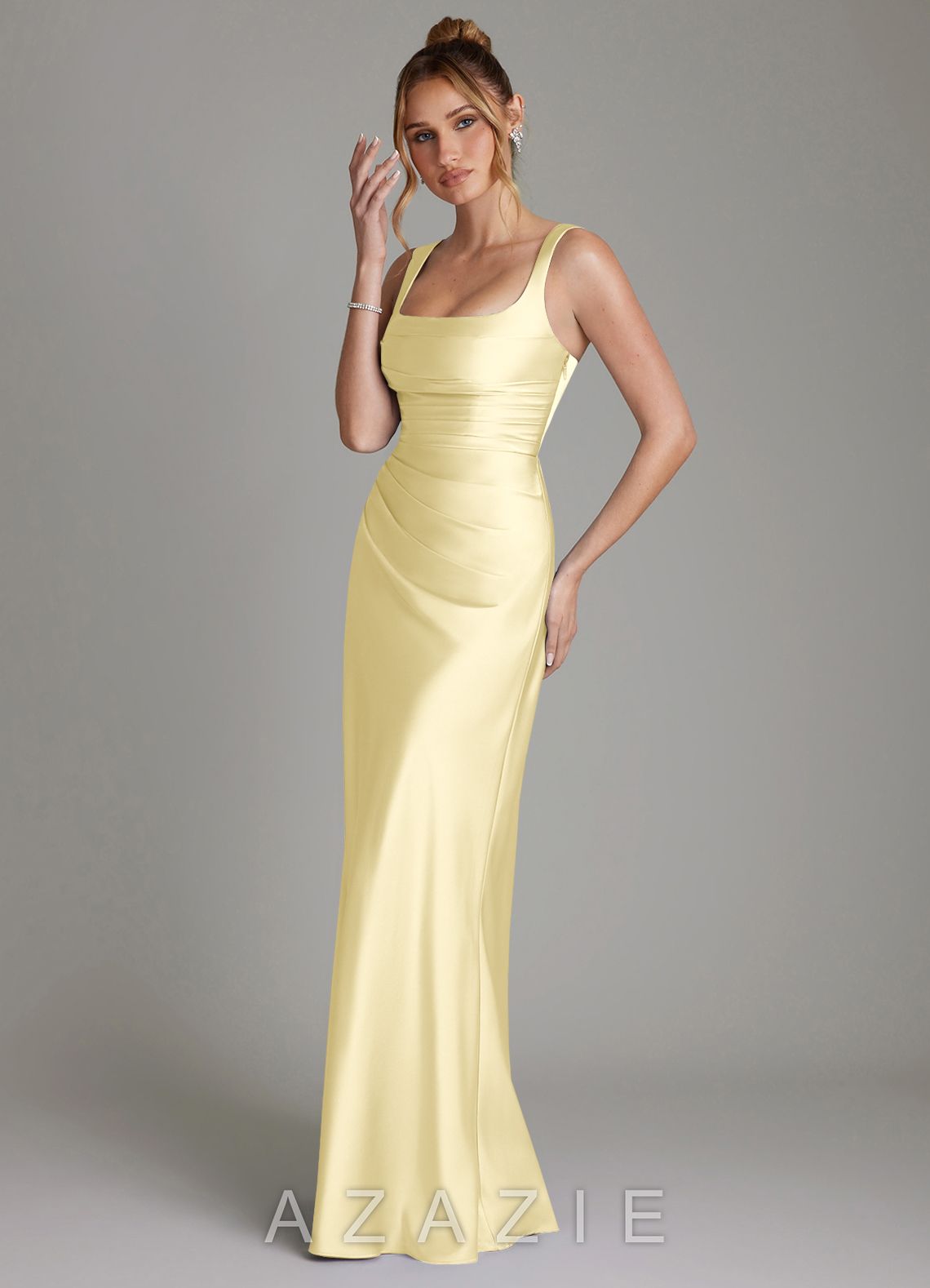 Azazie Agustina Lemon Sorbet Mermaid Corset Stretch Satin Dress