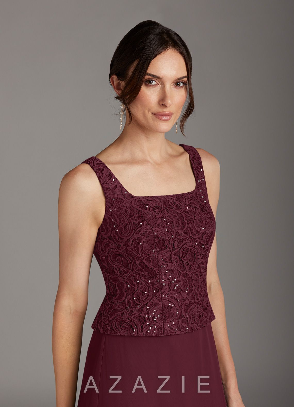 Azazie Cornelia Cabernet Sheath Square Neckline Sequins Chiffon Dress cabernet