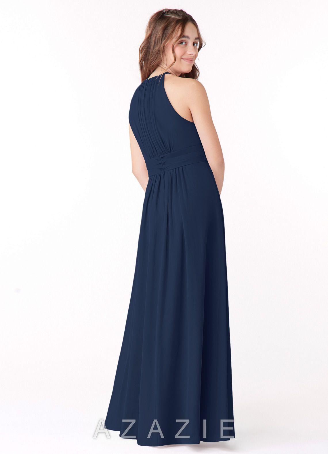Azazie Bonnie Junior Dark Navy A-Line Pleated Chiffon Dress dark_navy