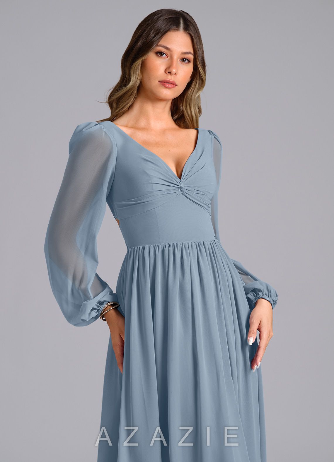 Azazie Teri Dusty Blue A-Line Long Sleeve Chiffon Dress dusty_blue