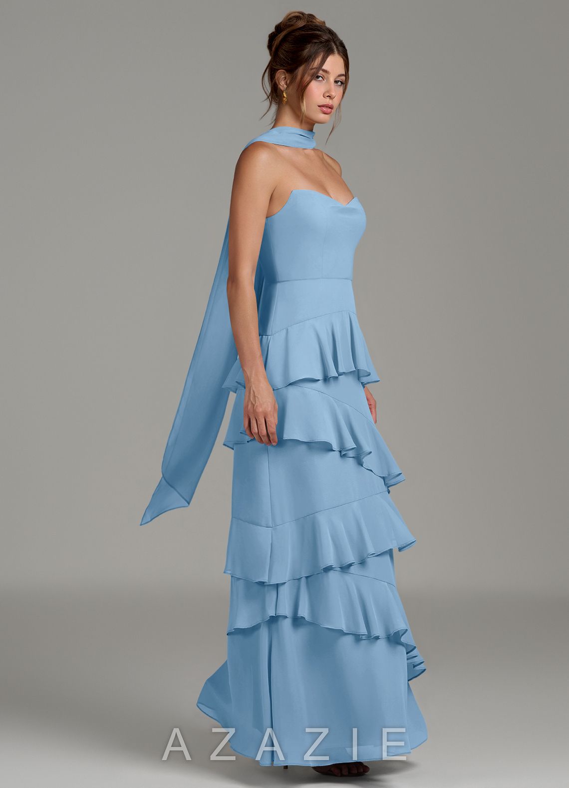 Azazie Imani Steel Blue A-Line Ruched Chiffon Dress steel_blue