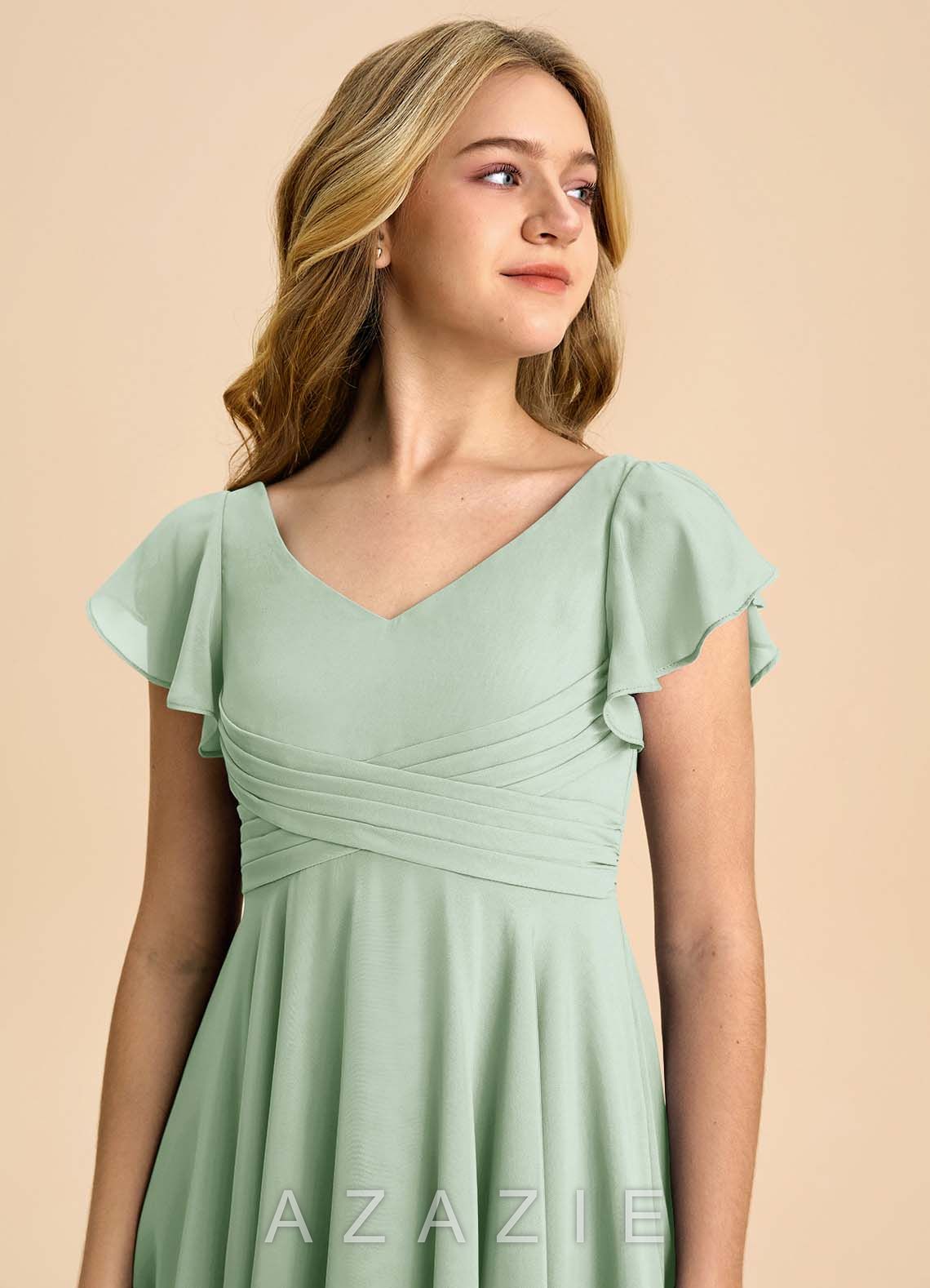 Azazie Caria Junior Agave A-Line Pleated Chiffon Dress agave