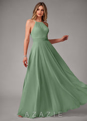 Azazie Amalia Matcha A-Line Pleated Chiffon Dress matcha