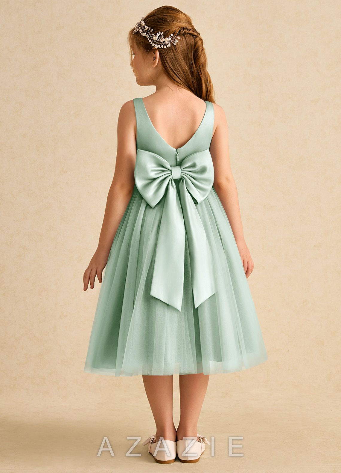 Azazie Firefly Agave A-Line Bow Matte Satin Dress agave