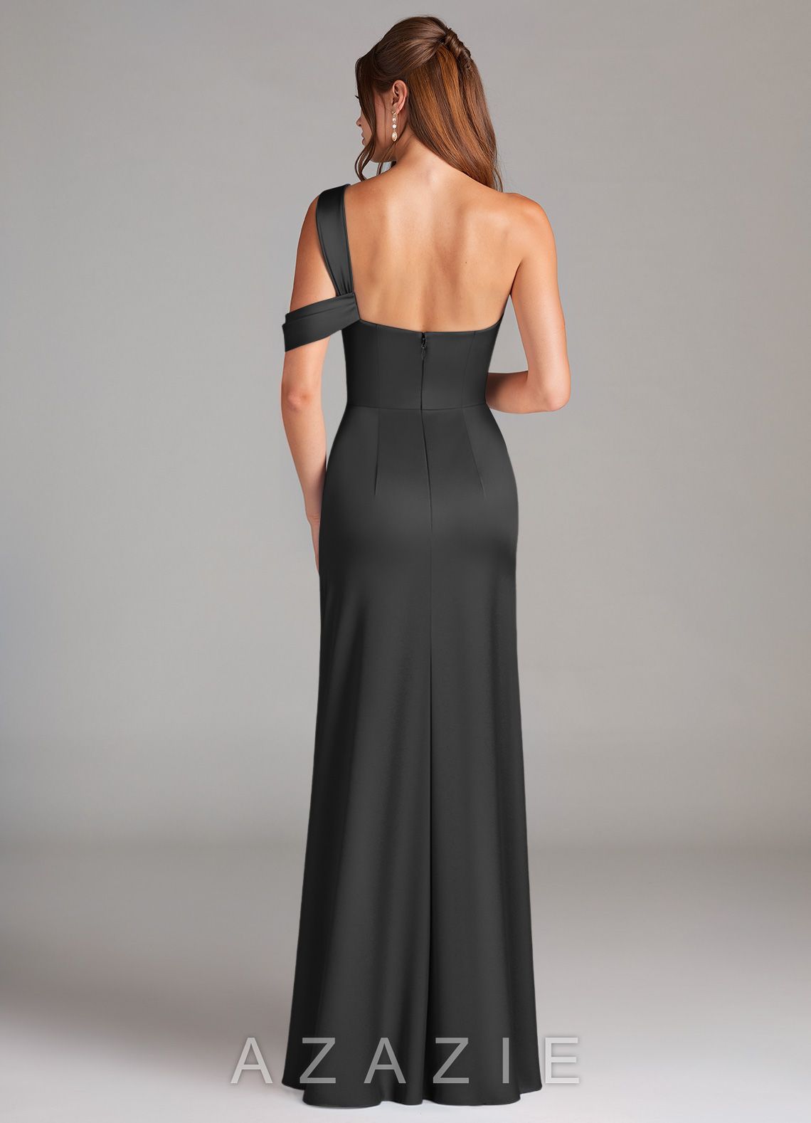 Azazie Wynter Black Sheath One Shoulder Stretch Satin Dress black