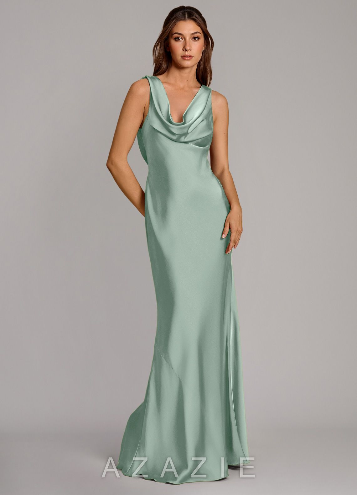 Azazie Cheryl Agave Mermaid Stretch Satin Dress agave