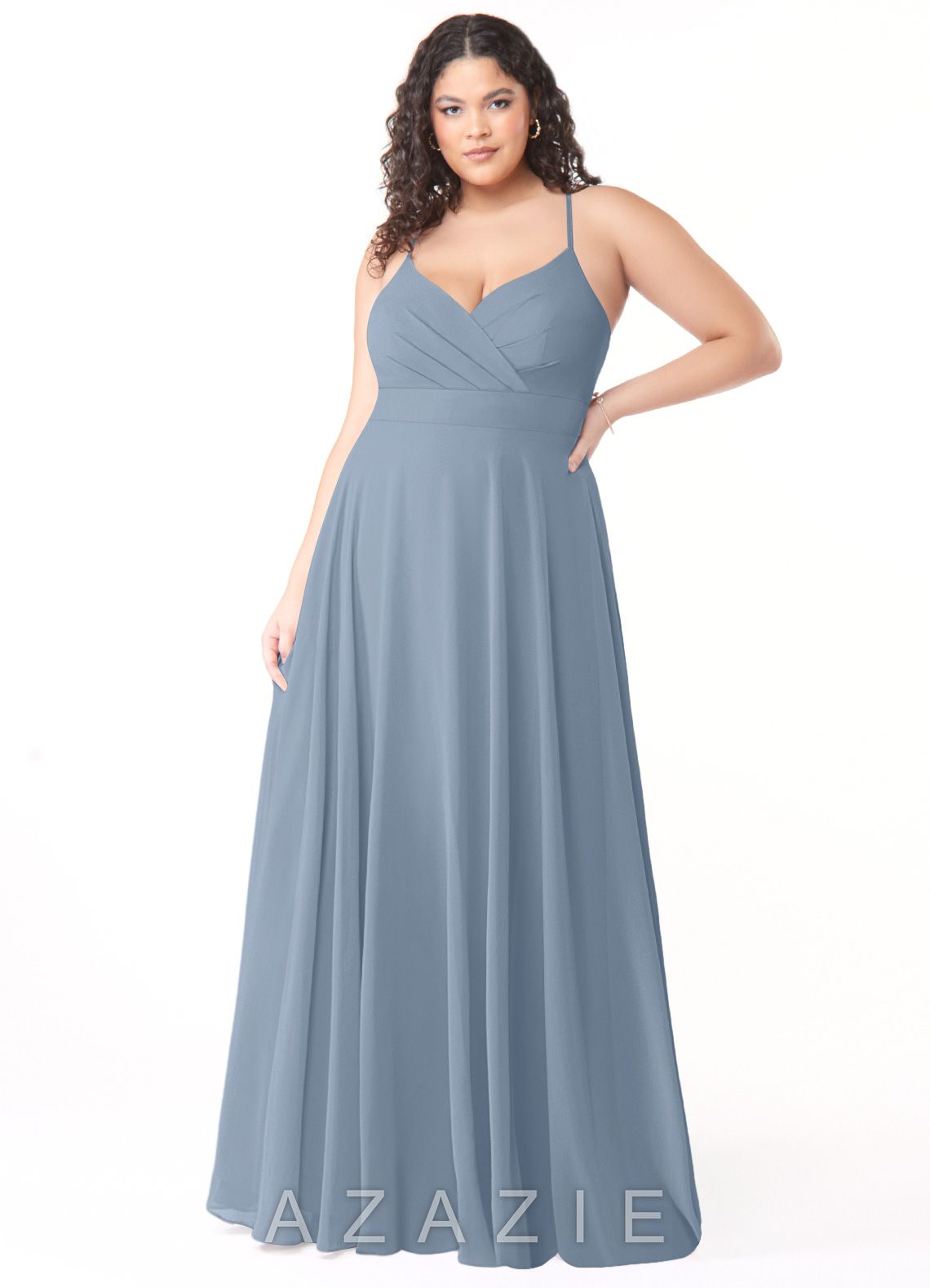 Azazie Avelina Dusty Blue A-Line V-Neck Pleated Chiffon Dress dusty_blue