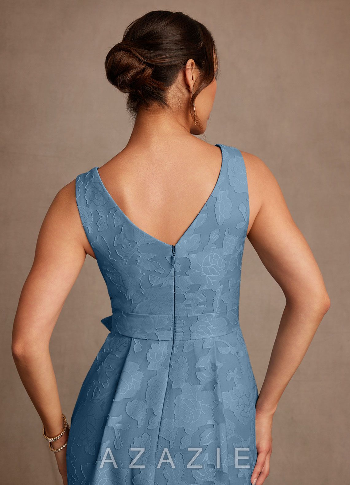 Azazie Luanne Steel Blue A-Line Pleated Floral Burnout Dress steel_blue