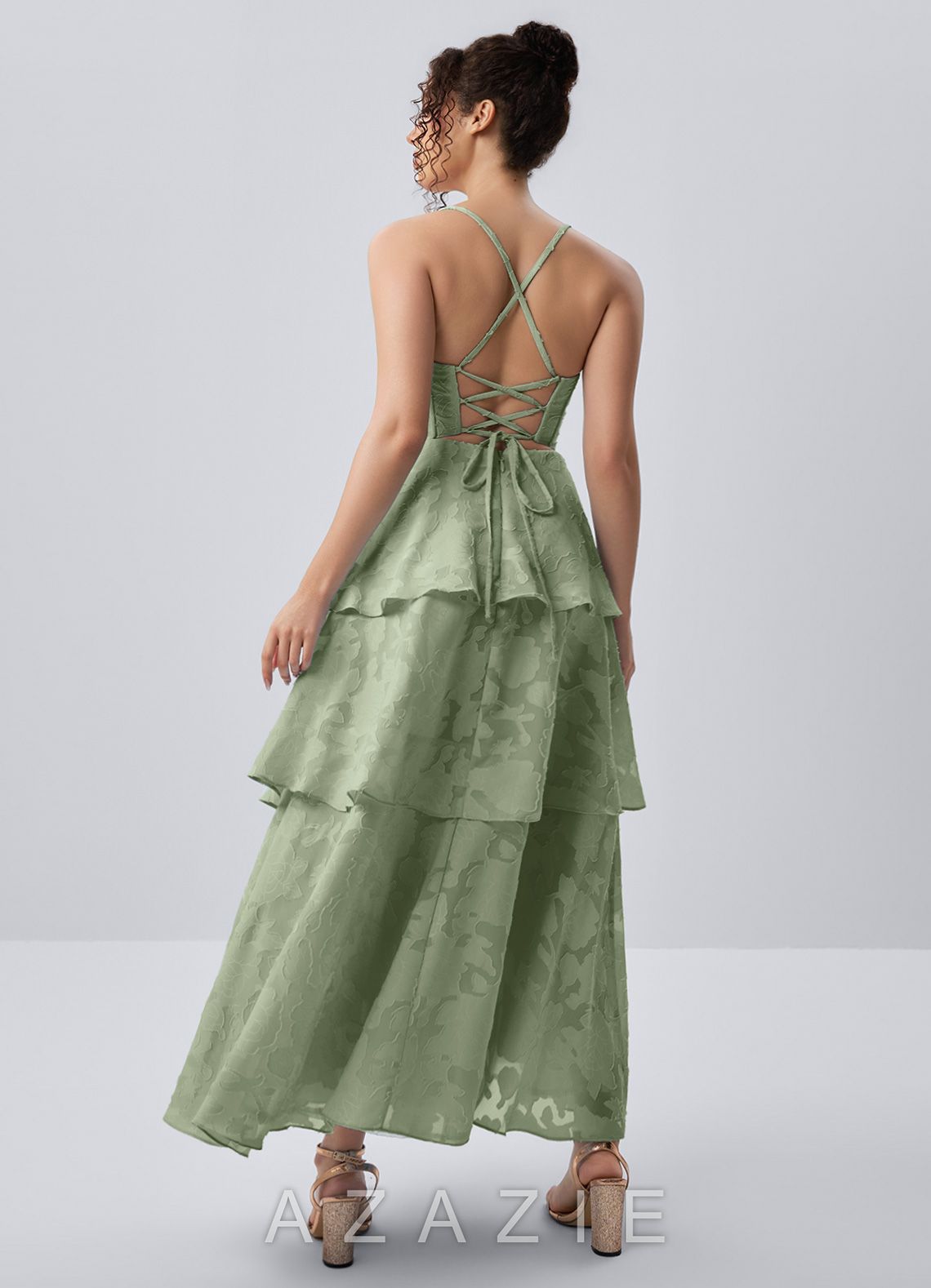 Gabriddy Light Green Jacquard Ruffles Corset Maxi Dress