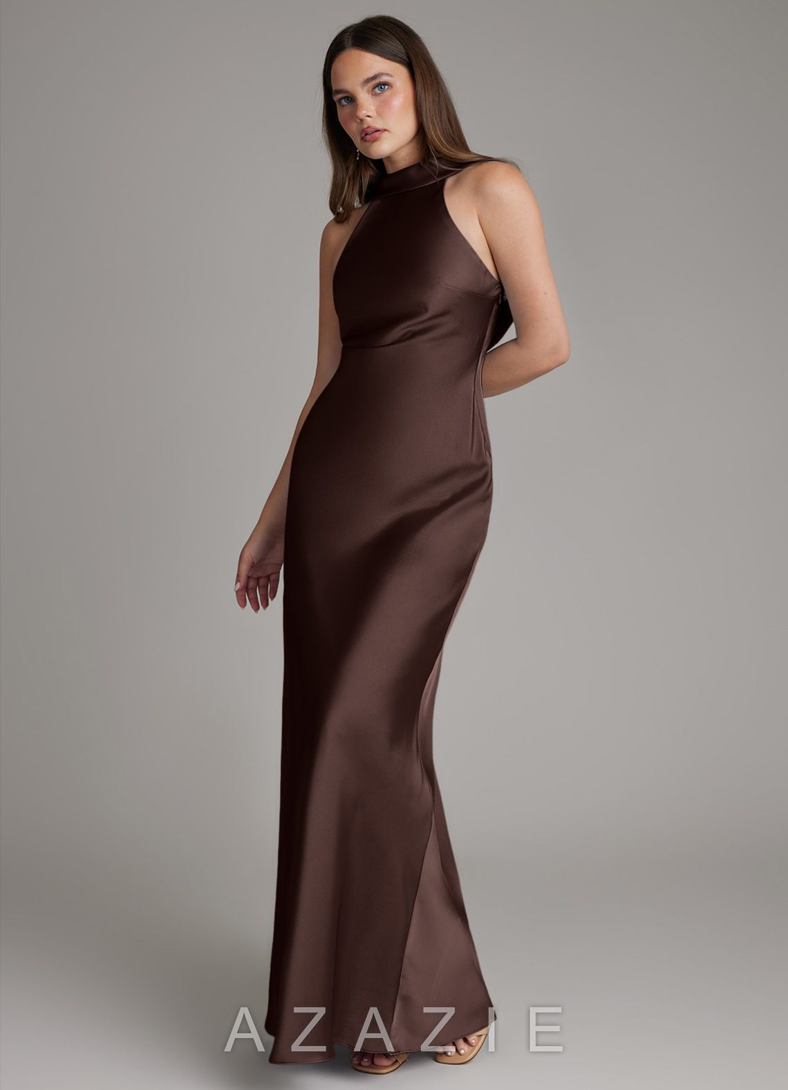Azazie Dimitra Ganache Sheath Pleated Stretch Satin Dress ganache