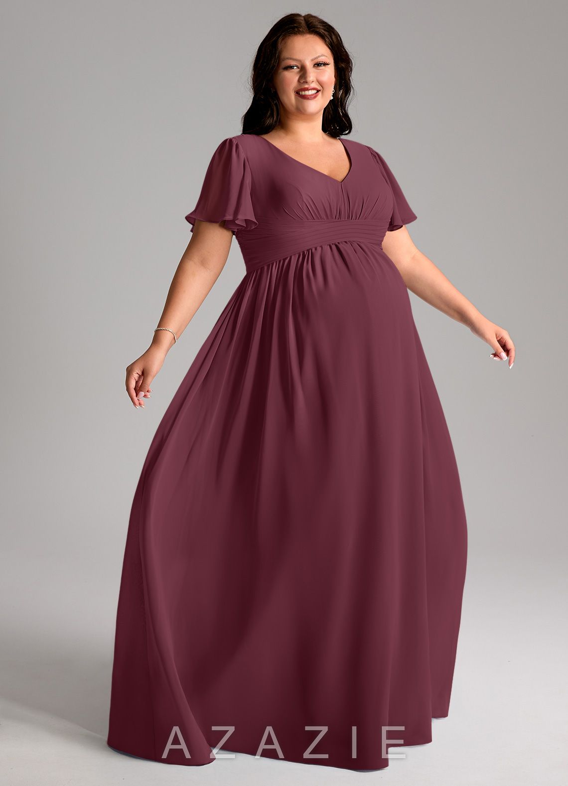 Azazie Verna A-Line V-Neck Ruched Chiffon Floor-Length Dress