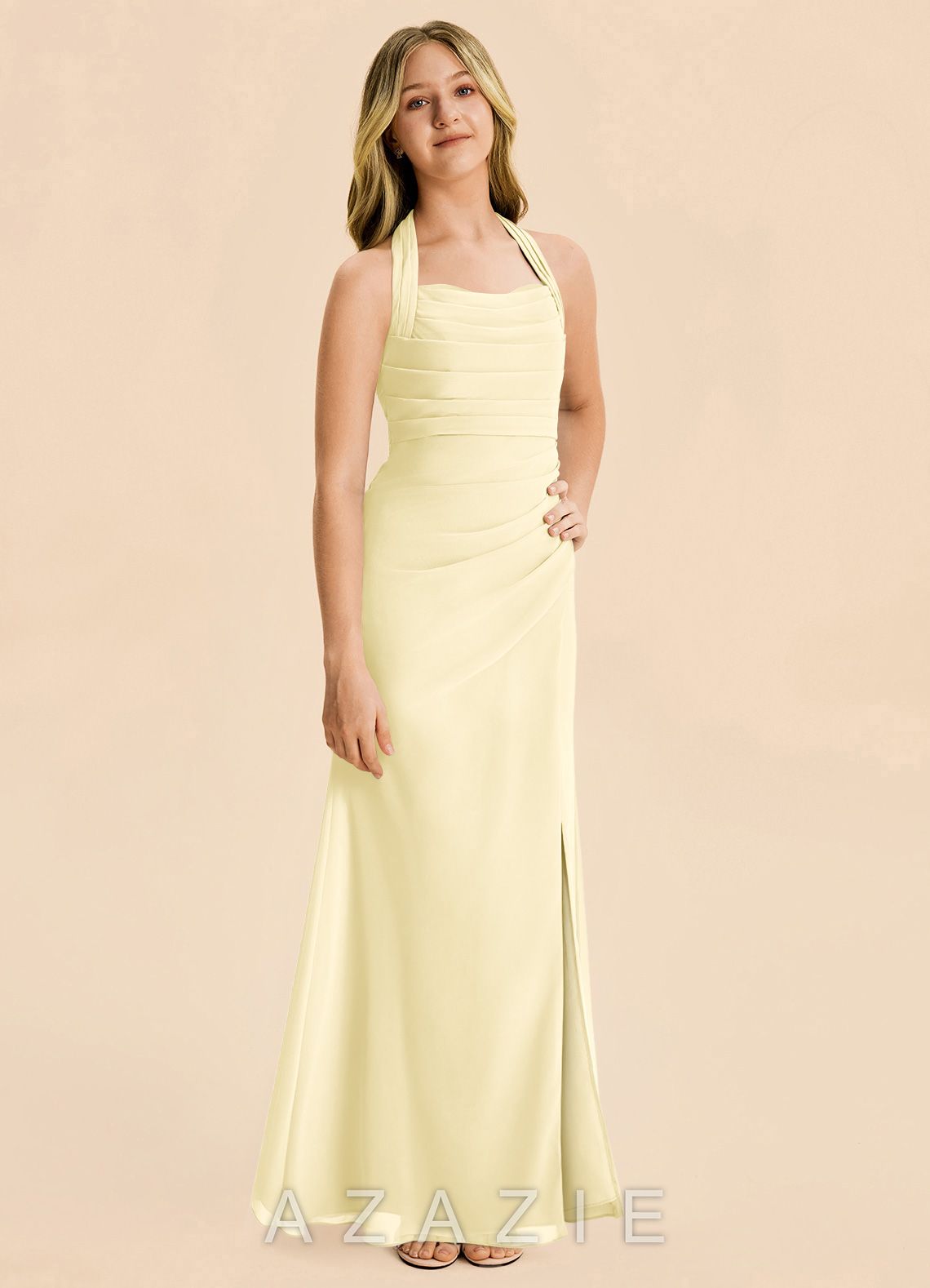Azazie Destiny Junior Lemon Sorbet Sheath Ruched Chiffon Dress lemon_sorbet